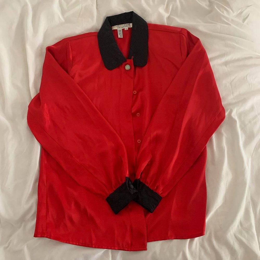 Vintage Red Top with Quilted Black Collar and Cuffs